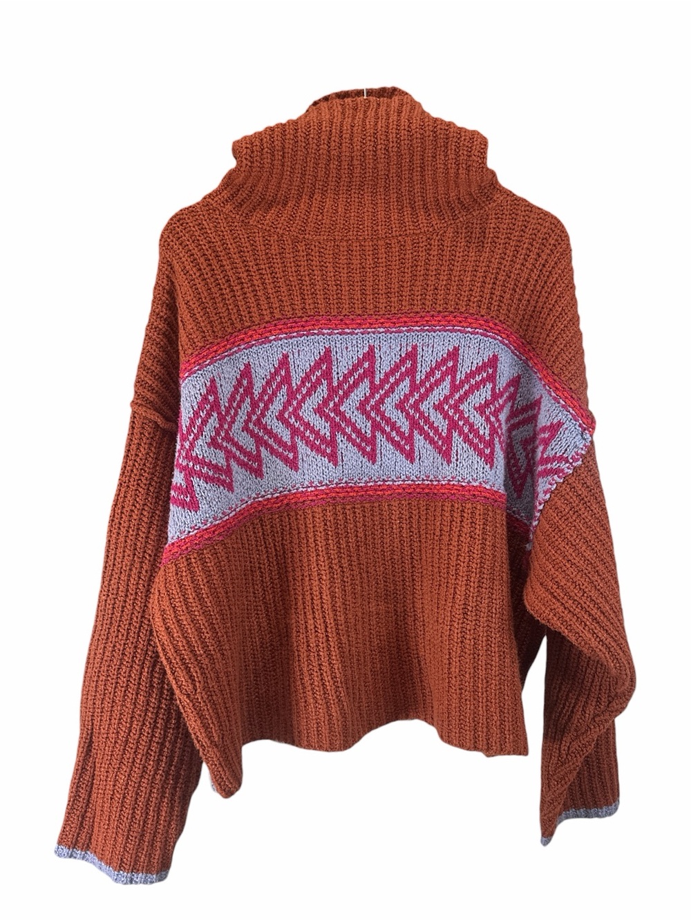 Free People greater than Rust Turtleneck Patterned Chunky Knit Sweater Size